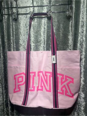 PINK Victoria's Secret Pink Canvas Logo Tote with Navy-Striped Handles